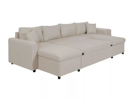 Canapé d'angle panoramique Oslo convertible avec coffres et poufs à droite - Tissu - Beige - L311 x P146 x H81cm - Loungitude
