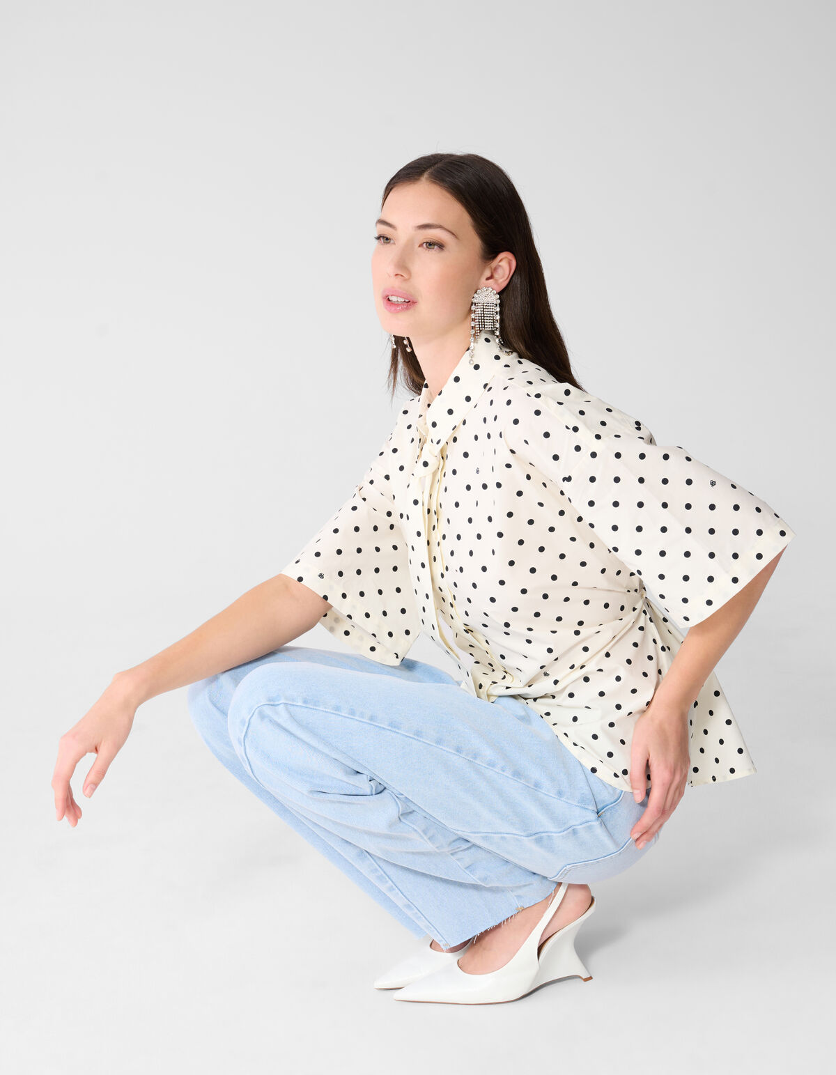 Polkadot Stropdas Blouse Zwart/Wit