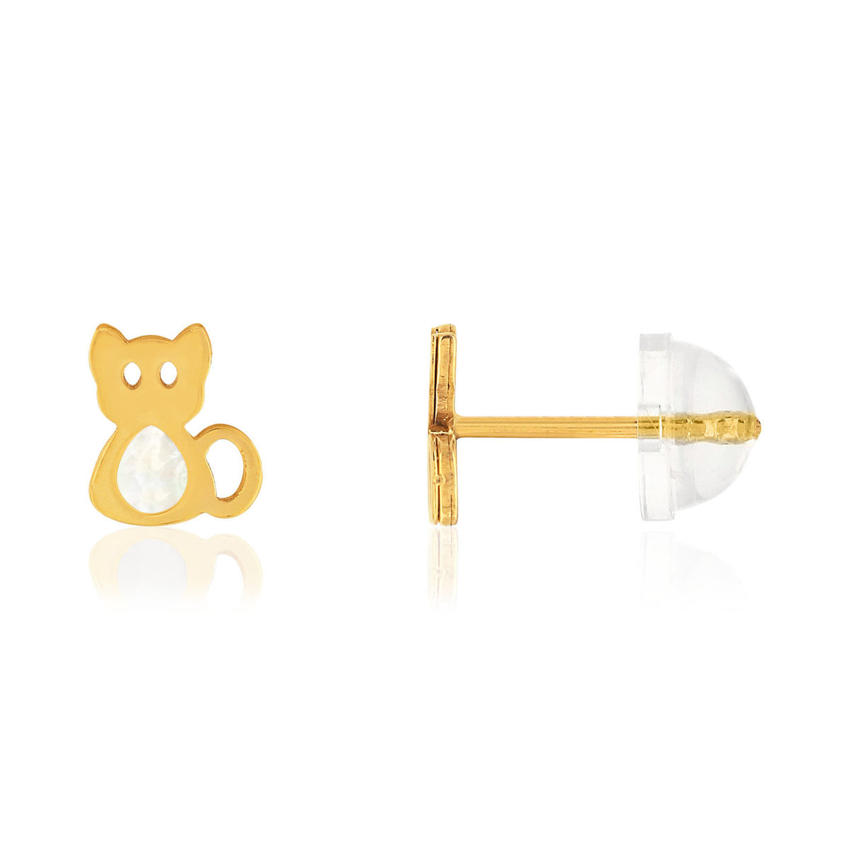 Boucles d'oreilles or jaune 375, nacre. Motif chat.
