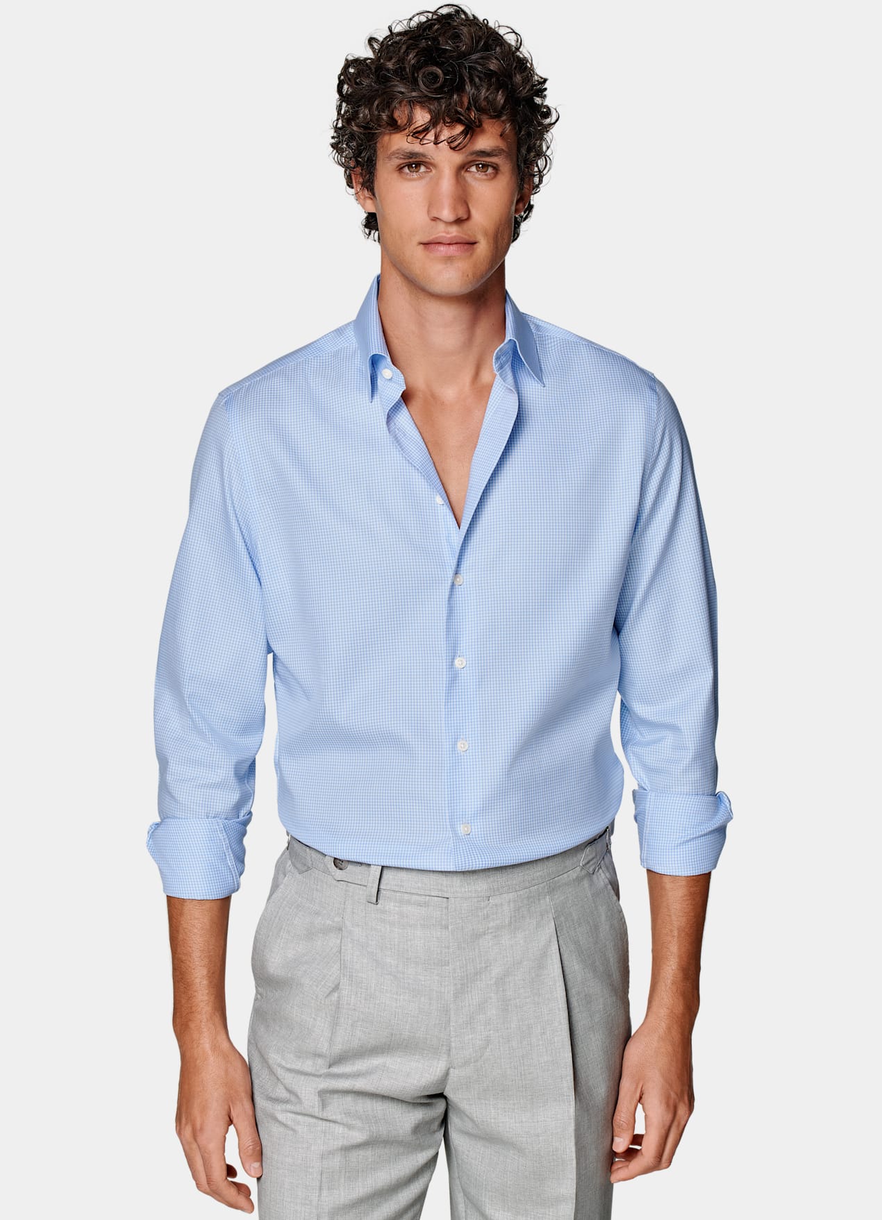 Chemise coupe ajustée en twill bleu clair à carreaux