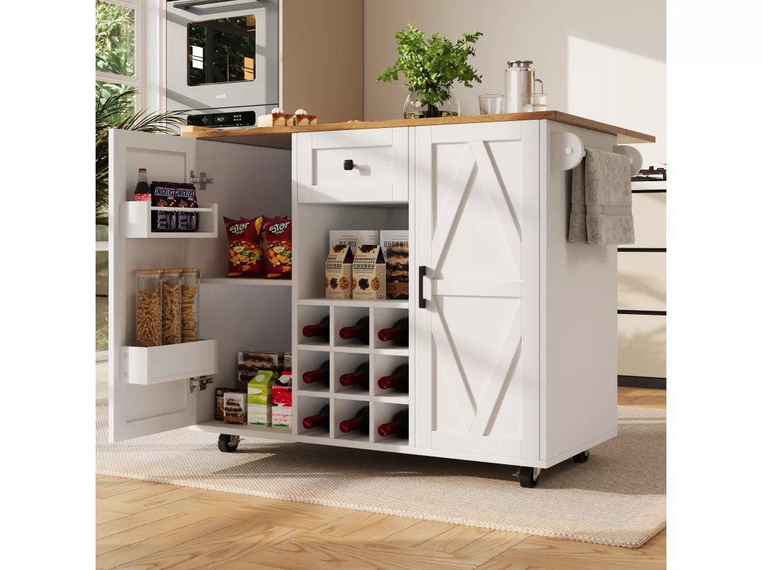 Îlot de cuisine moderne, meuble buffet avec grain de bois, 137.5×39.5×95.6 cm, MDF, Blanc