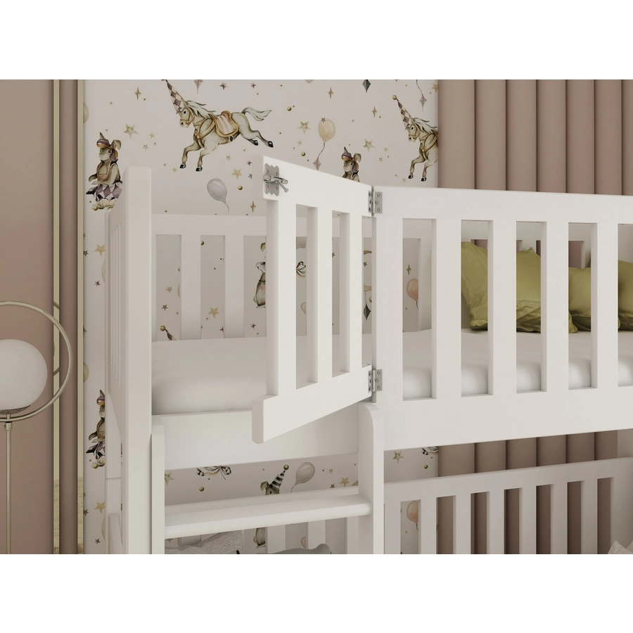 Kids Collective Hochbett 80x180 mit schließbarem Rausfallschutz Etagenbett weiß mit 2 Matratzen