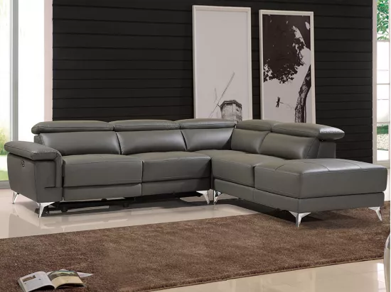 Canapé d'angle droit relax électrique en cuir gris anthracite PASCALINE