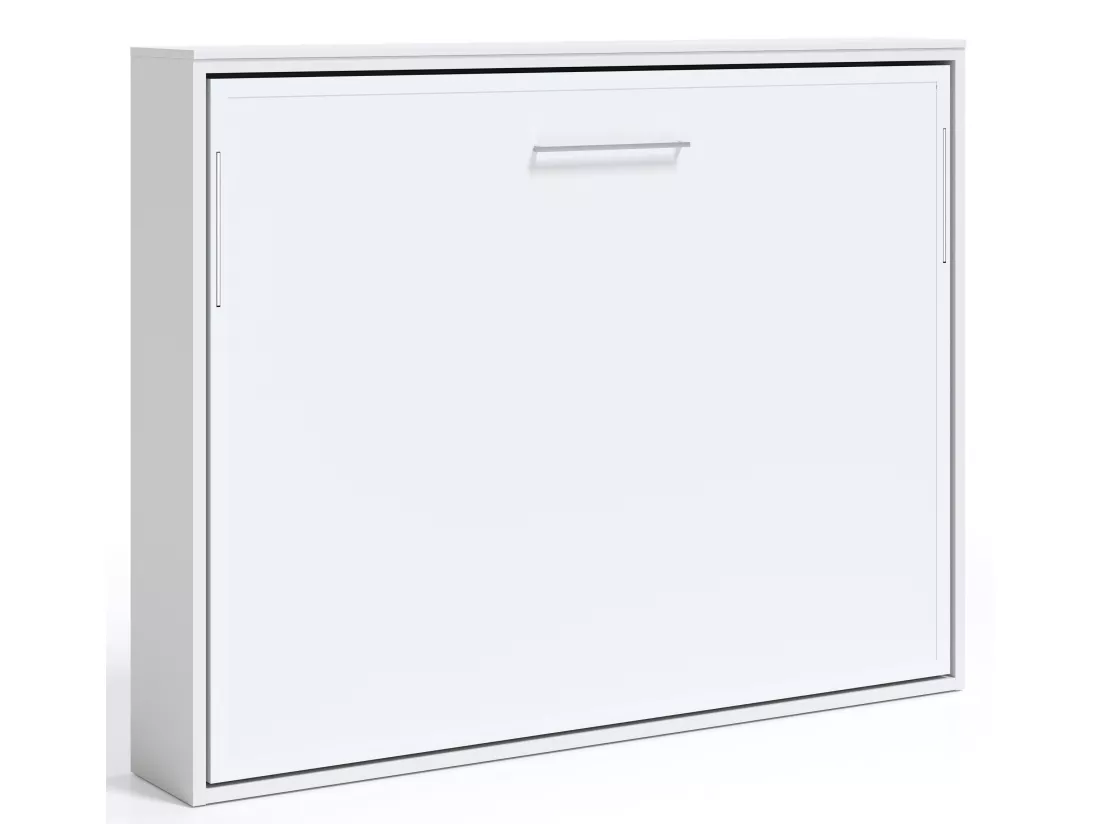 Lit escamotable horizontal 140x190 Angelina-Avec matelas-Encadrement Blanc-Façade Blanche
