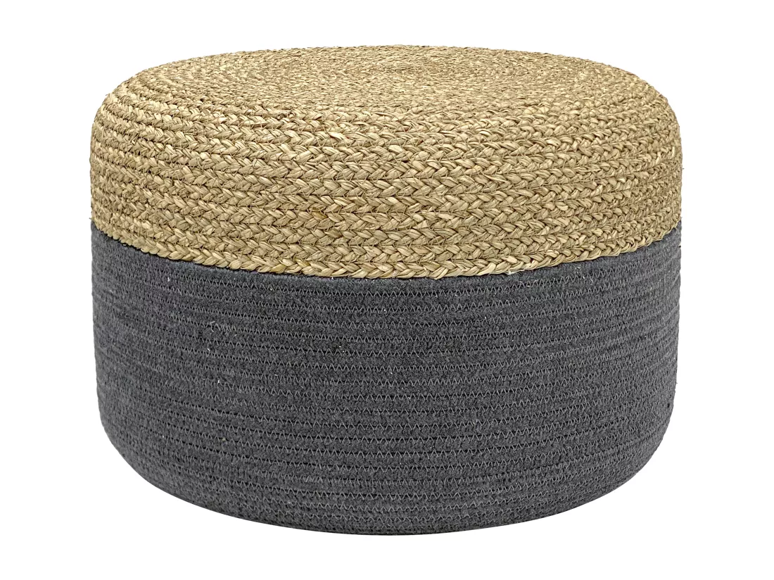 Pouf rond en rotin naturel clair et gris LOMANGO