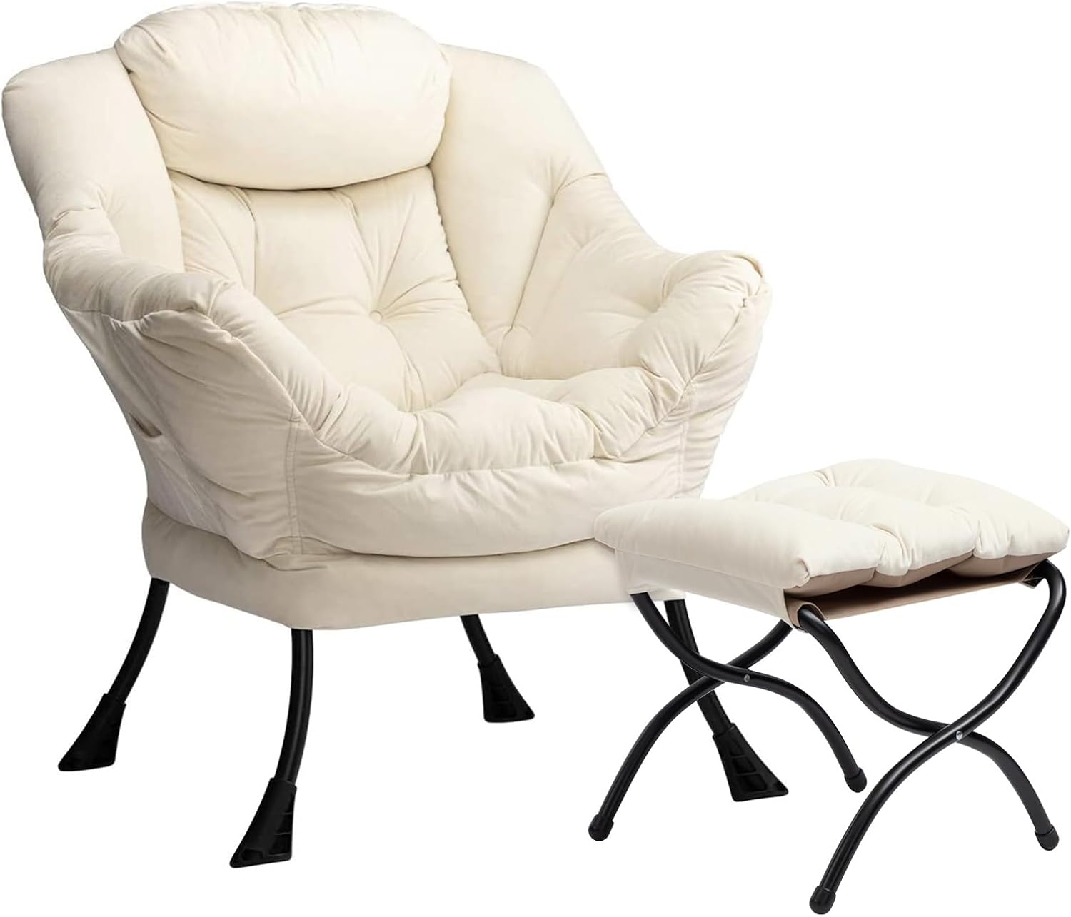 HollyHOME Sessel mit Hocker Ohrensessel mit Hocker Samt Sessel Wohnzimmer Relaxsessel Schlafzimmer Lesesessel Lounge Sessels Stahlrahmen, Beige