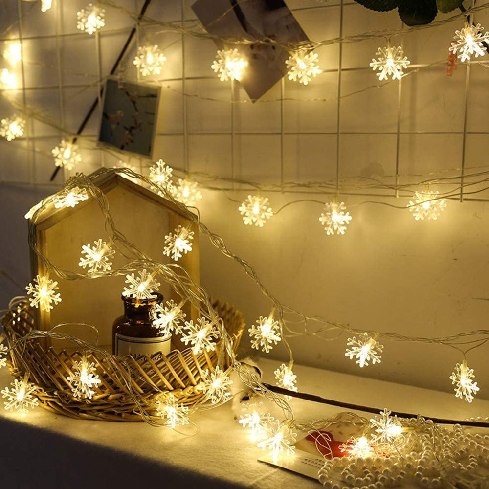 (6m) 40 LED's Weihnachts Deko Lichterkette Schneeflocken Beleuchtung (Batteriebetrieben) - Warmweiss