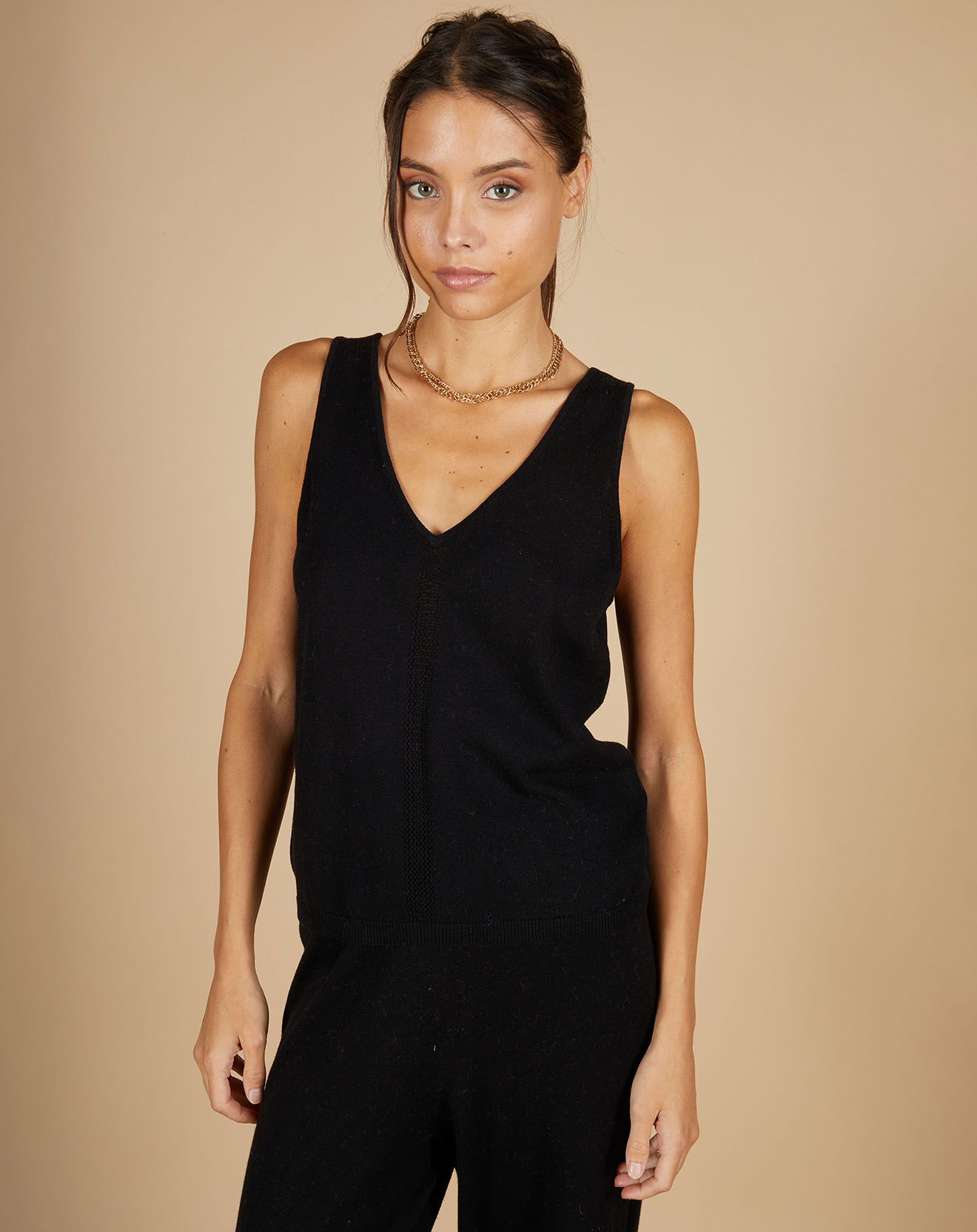 Cashmere Tribu Top en Coton & Cachemire Juliette fines bretelles noir