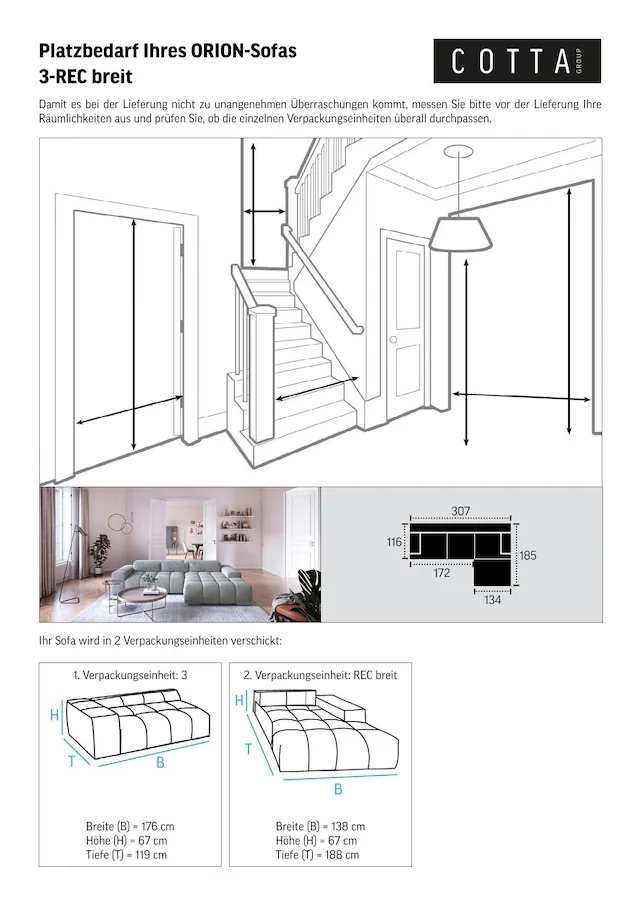 COTTA Ecksofa »Orion L-Form« mit 2x Kopfteilverstellung & 3 Nierenkissen