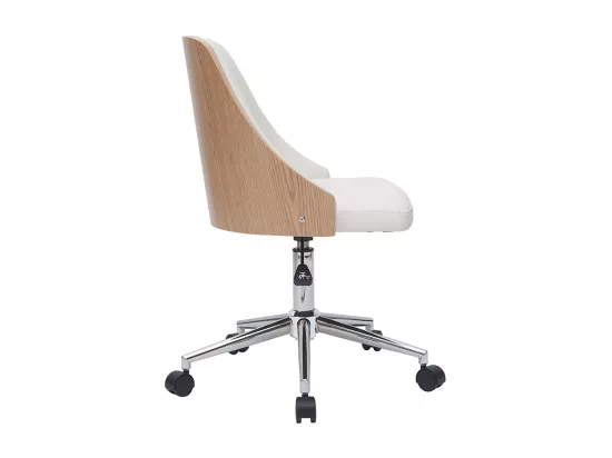 Chaise de bureau à roulettes design blanc, bois clair et acier chromé QUINO