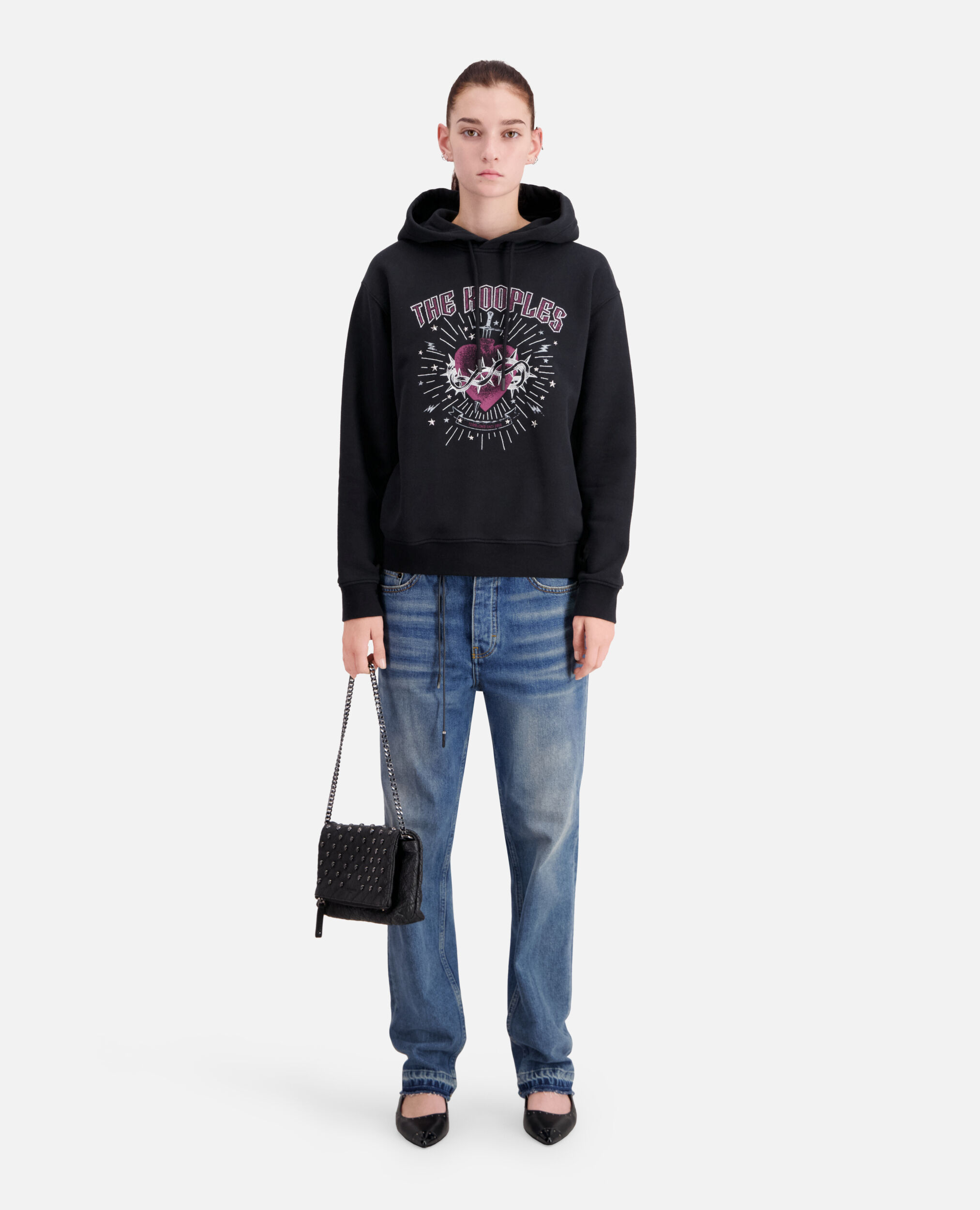 Women's Black hoodie with Dagger through heart serigraphy