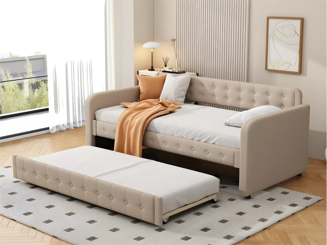 Lit gigogne 90x190/200cm en tissu de lin - avec sommier à lattes - Beige