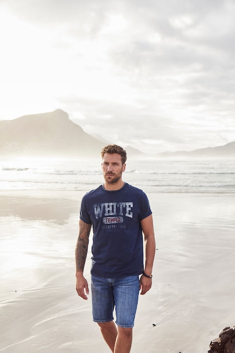 JP 1880 T-Shirt, Halbarm, Indigo-Färbung, WHITE Brust-Print, Rundhals, bis 8 XL