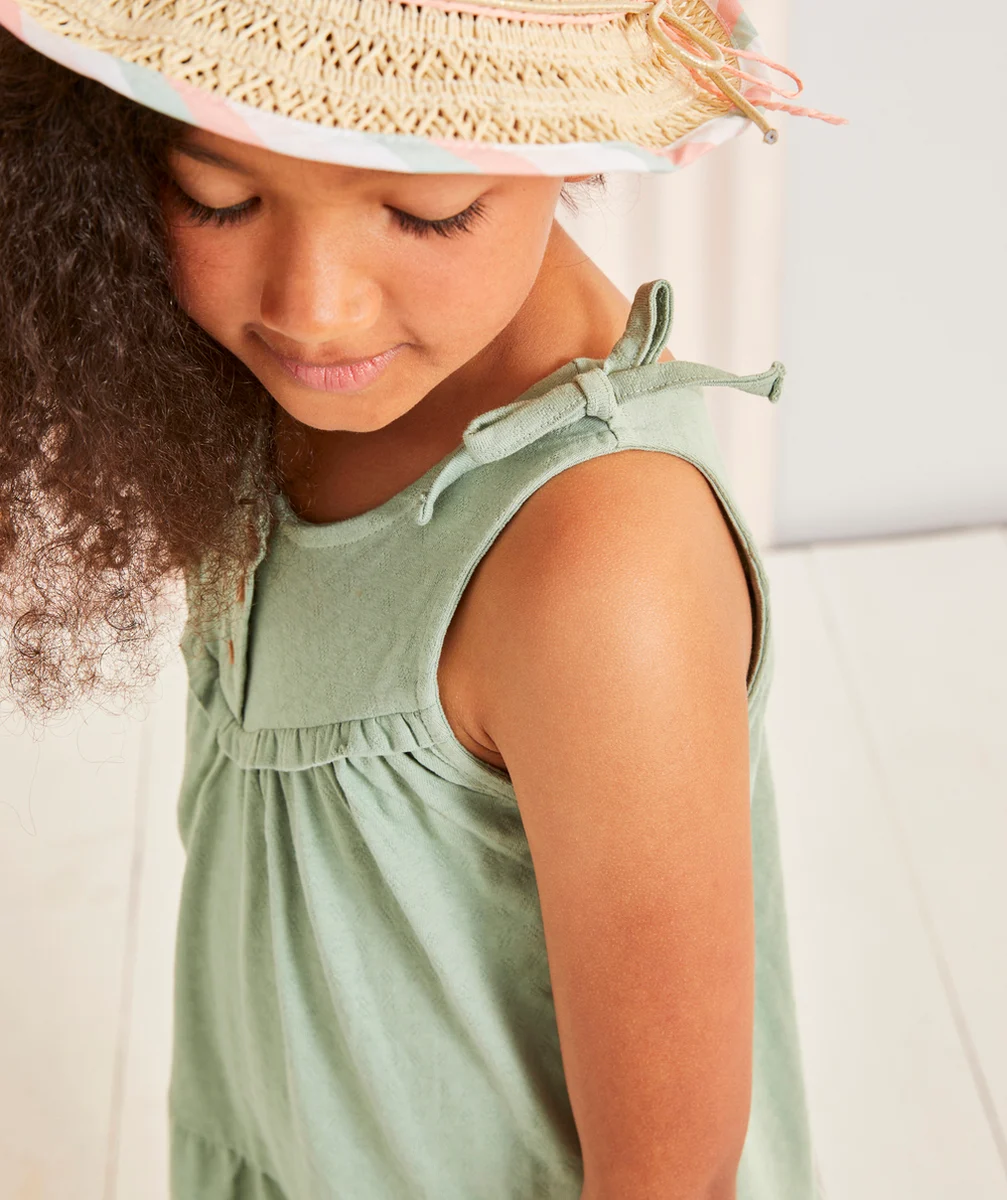 ROBE A BRETELLES FILLE VERTE EN COTON BIO AVEC VOLANTS