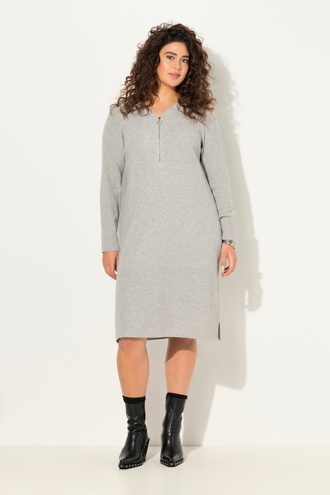 Rippjersey-Midikleid, Zipper, A-Linie, V-Ausschnitt, Langarm