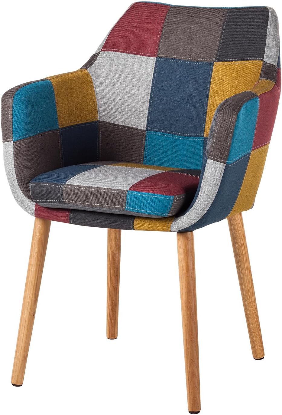 home24 Armlehnenstuhl aus Webstoff & massiver Eiche in Multicolor, Geöltes Echtholzgestell mit strapazierfähigem Patchwork-Bezug, Stabiles Sitzmöbel für den Essbereich