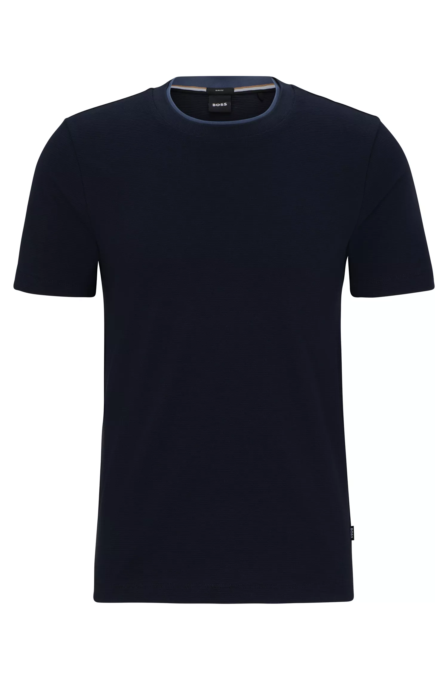 Camiseta BOSS preta de corte slim, confeccionada em algodão estruturado com gola dupla.