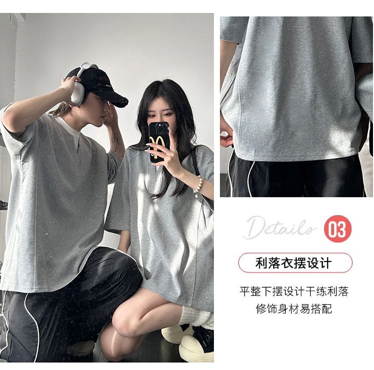 Azure - Matching Matching Two-Piece Elbow-Sleeve Crew Neck Two Tone Tee