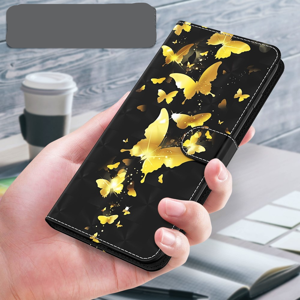 Samsung Galaxy S22 5G Leder Tasche mit Kartenfach   Handschlaufe - Schmetterling (Schwarz / Gold)