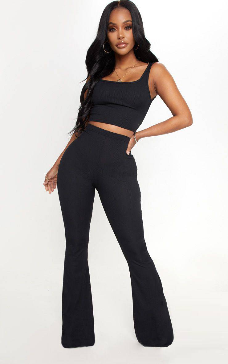 Noir Pantalon Évasé Côtelé Sculptant