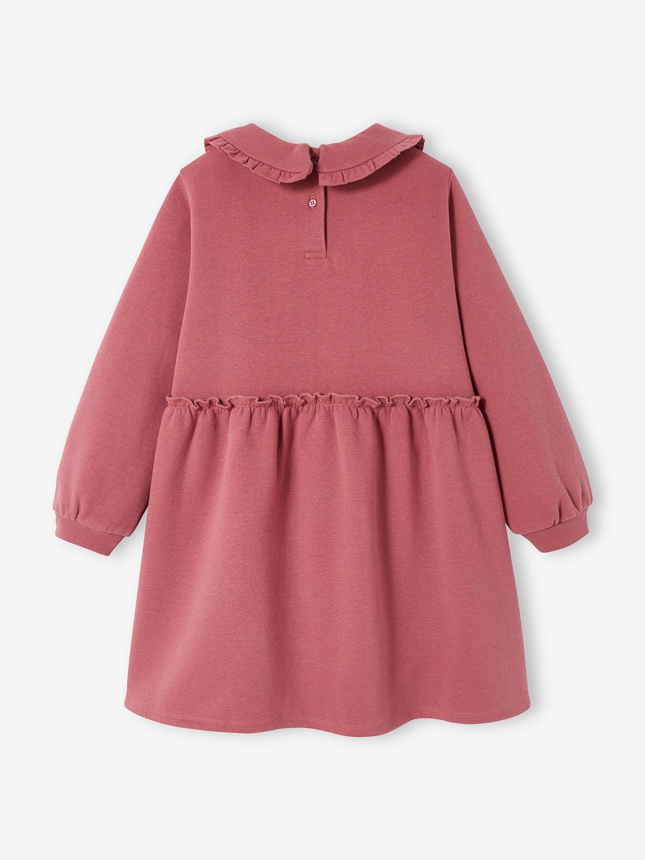 Vestido de pelúcia com gola Peter Pan, cor violeta lisa tamanho médio para menina.