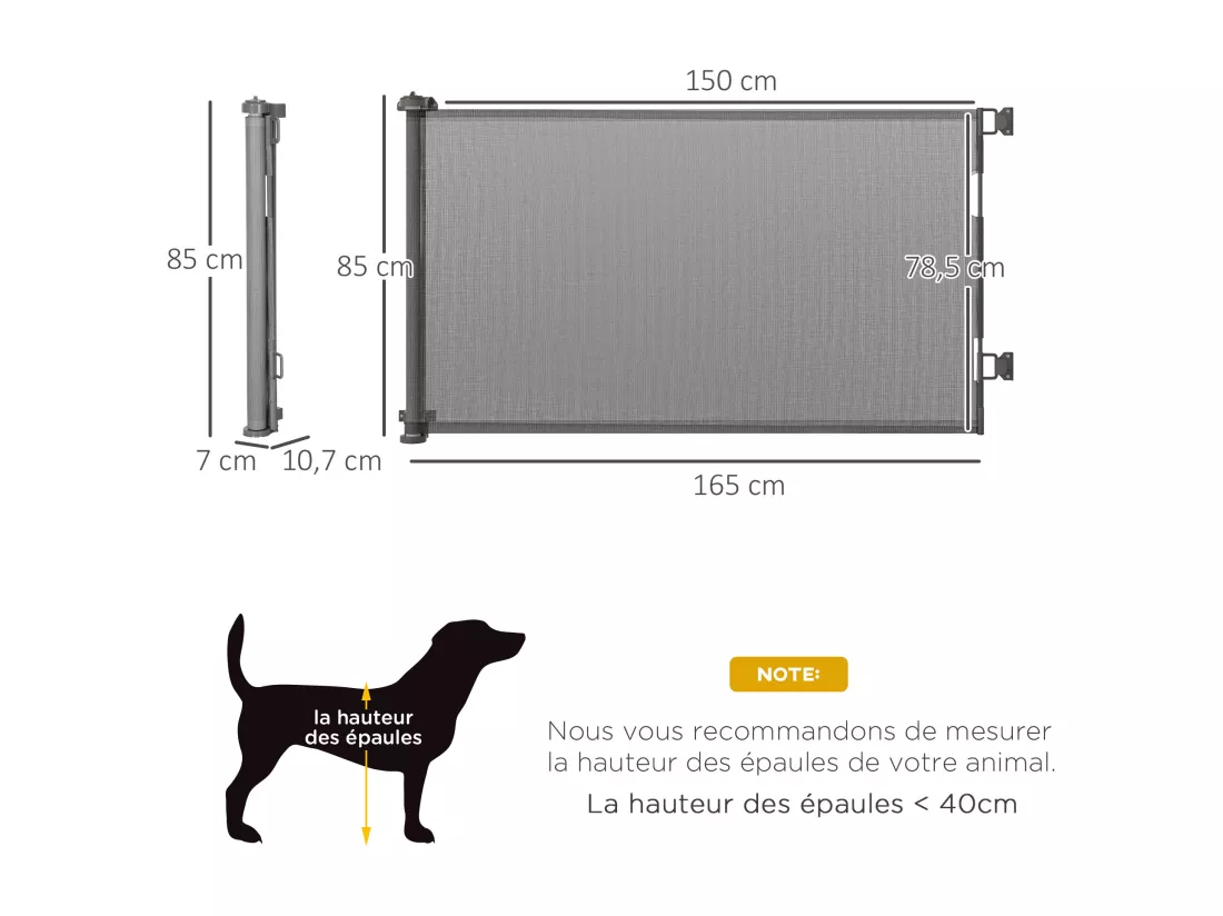 Barrière de sécurité barrière animaux rétractable automatique 1,65L x 0,85H m teslin alu. PVC gris
