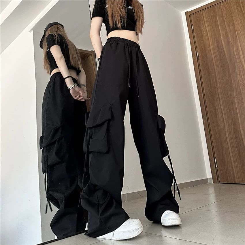 Mushini - Mid Rise Plain Drawstring Cargo Baggy Pants