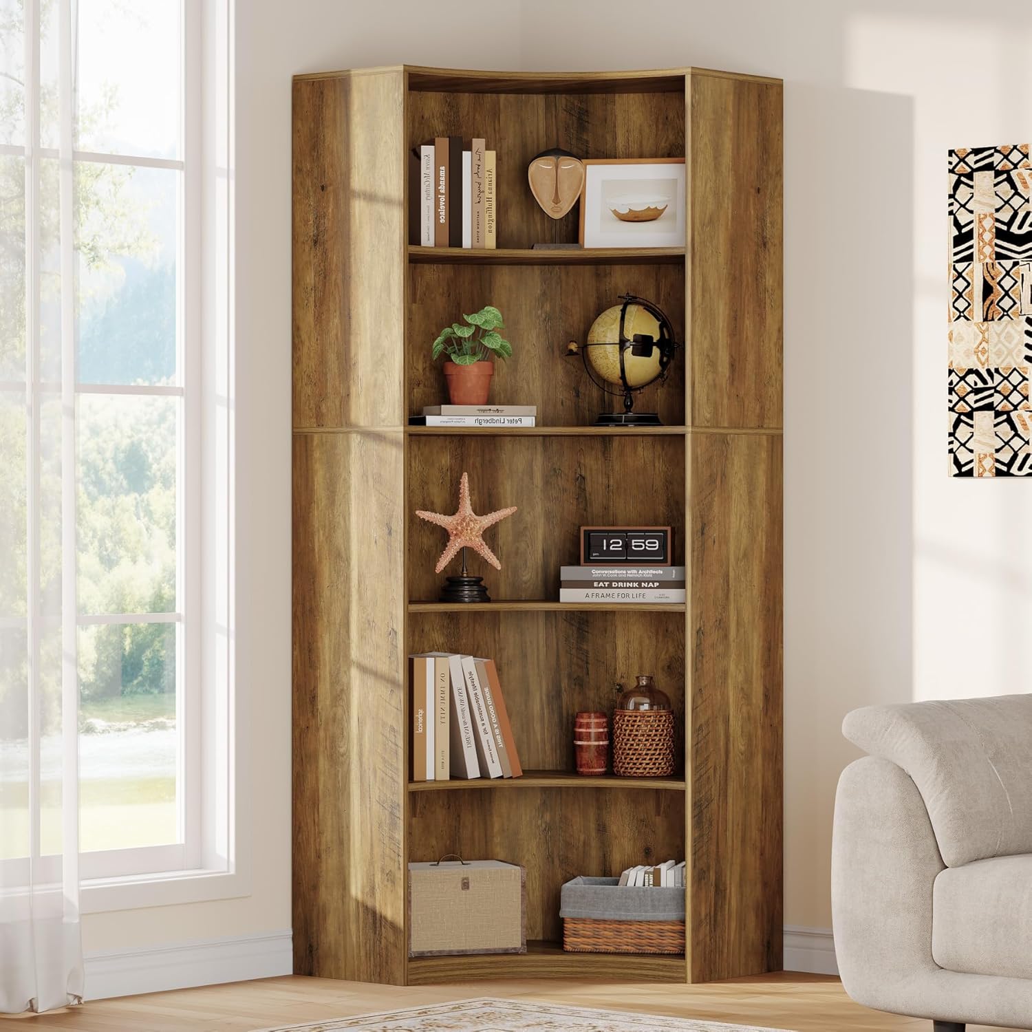Tribesigns 6-Etagen Eckregal, 180 cm Hohes Bücherregal mit Abgerundeten Ecken, Landhausstil Sideboard für Wohnzimmer, Schlafzimmer, Küche oder Homeoffice (Rustikales Braun)