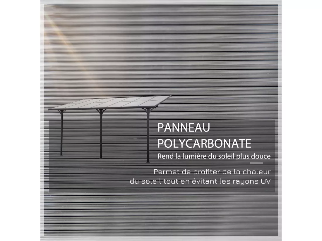 Pergola rigide alu. polycarbonate dim. 4,35L x 3l x 2,7H m pavillon de jardin adossable gris
