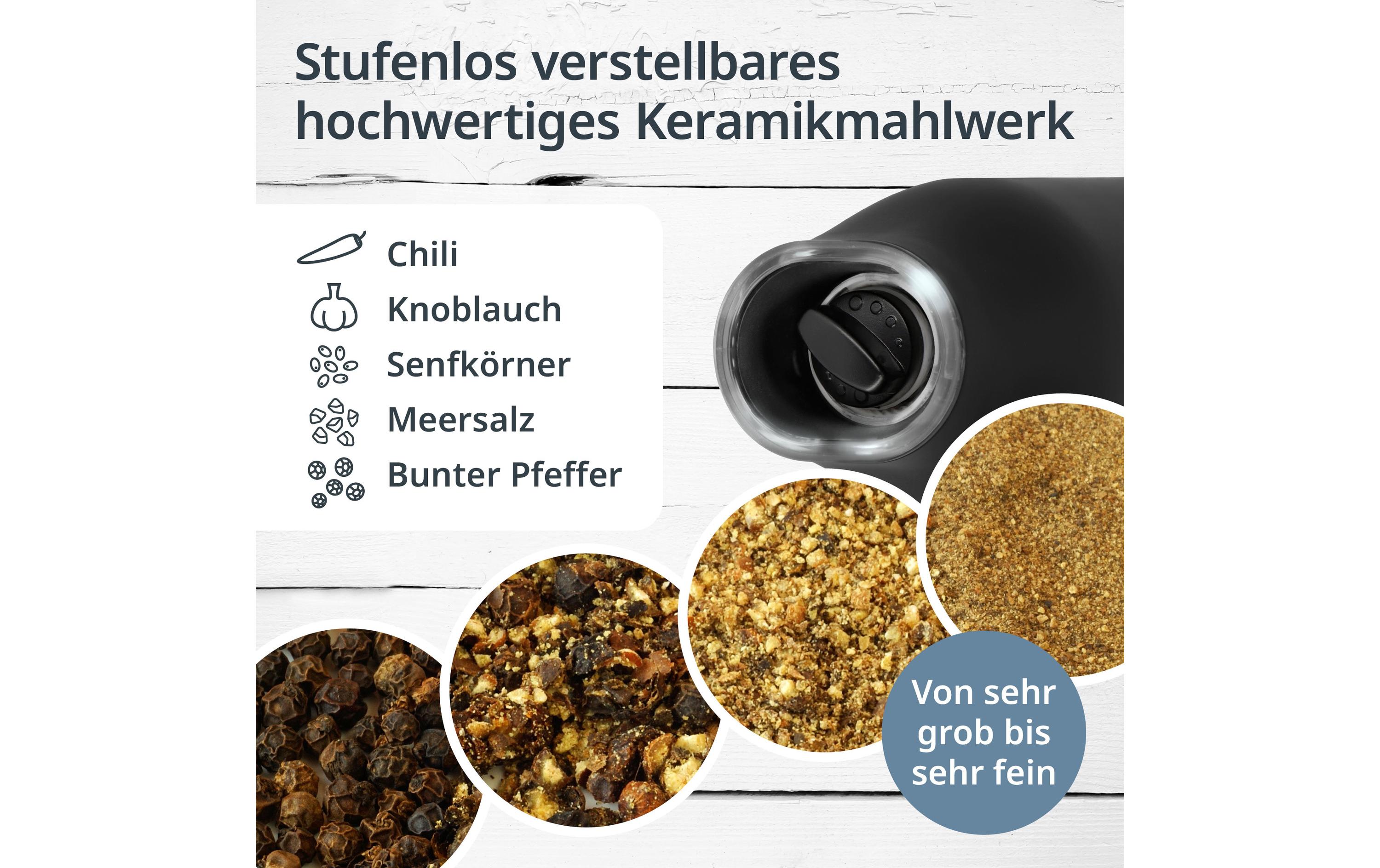Salz- und Pfeffermühle 18.3 cm, SchwarzElektrische Salz- und Pfeffermühle mit Kipp-Sensor