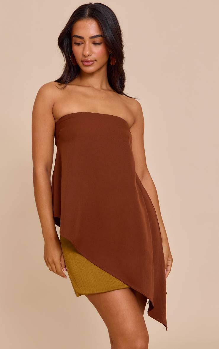 Chocolat Haut Long Fluide Petite À Encolure Bandeau Tissé Et Ourlet Asymétrique