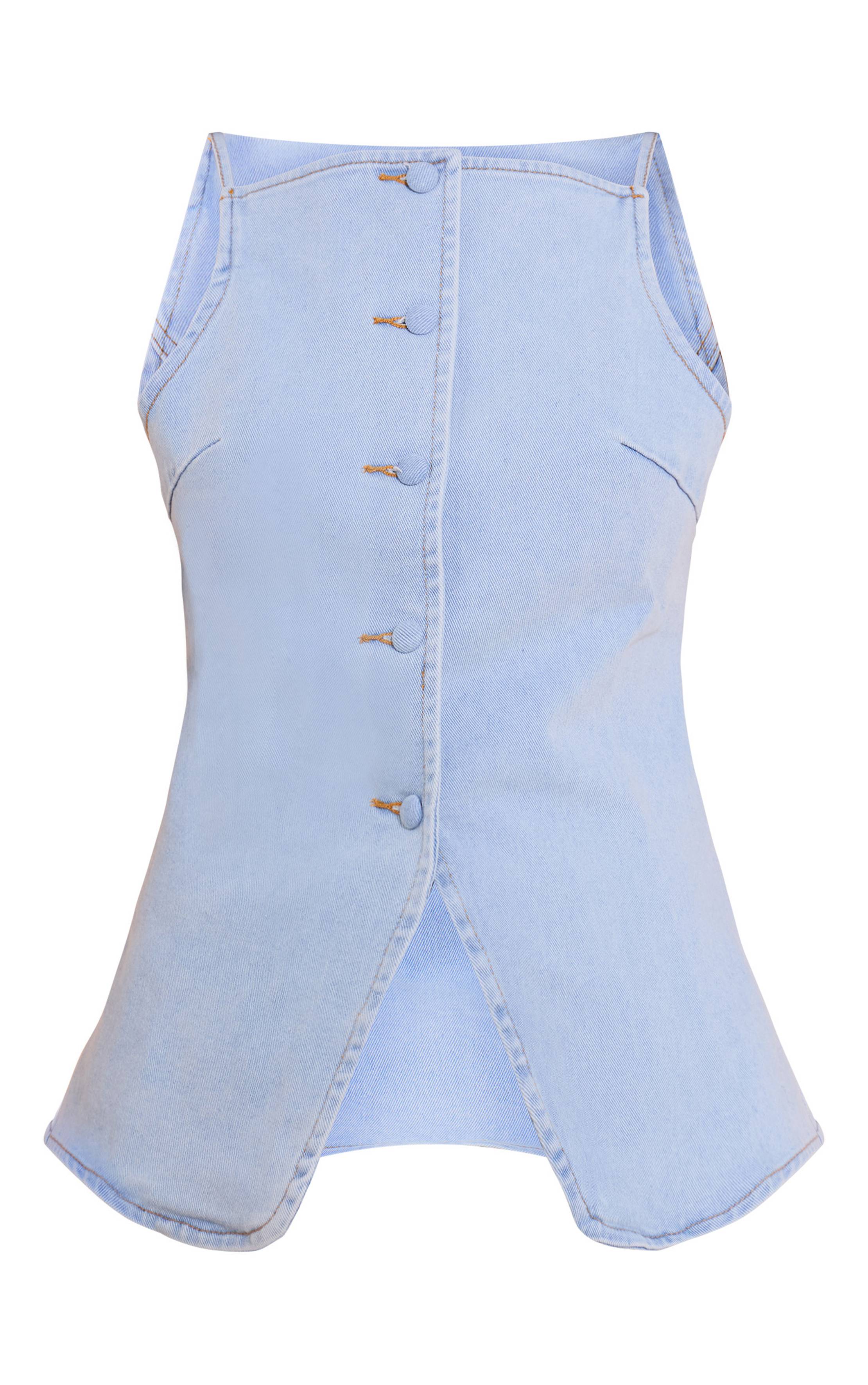 Bleu Clair Top En Denim Petite Col Carré Ajusté