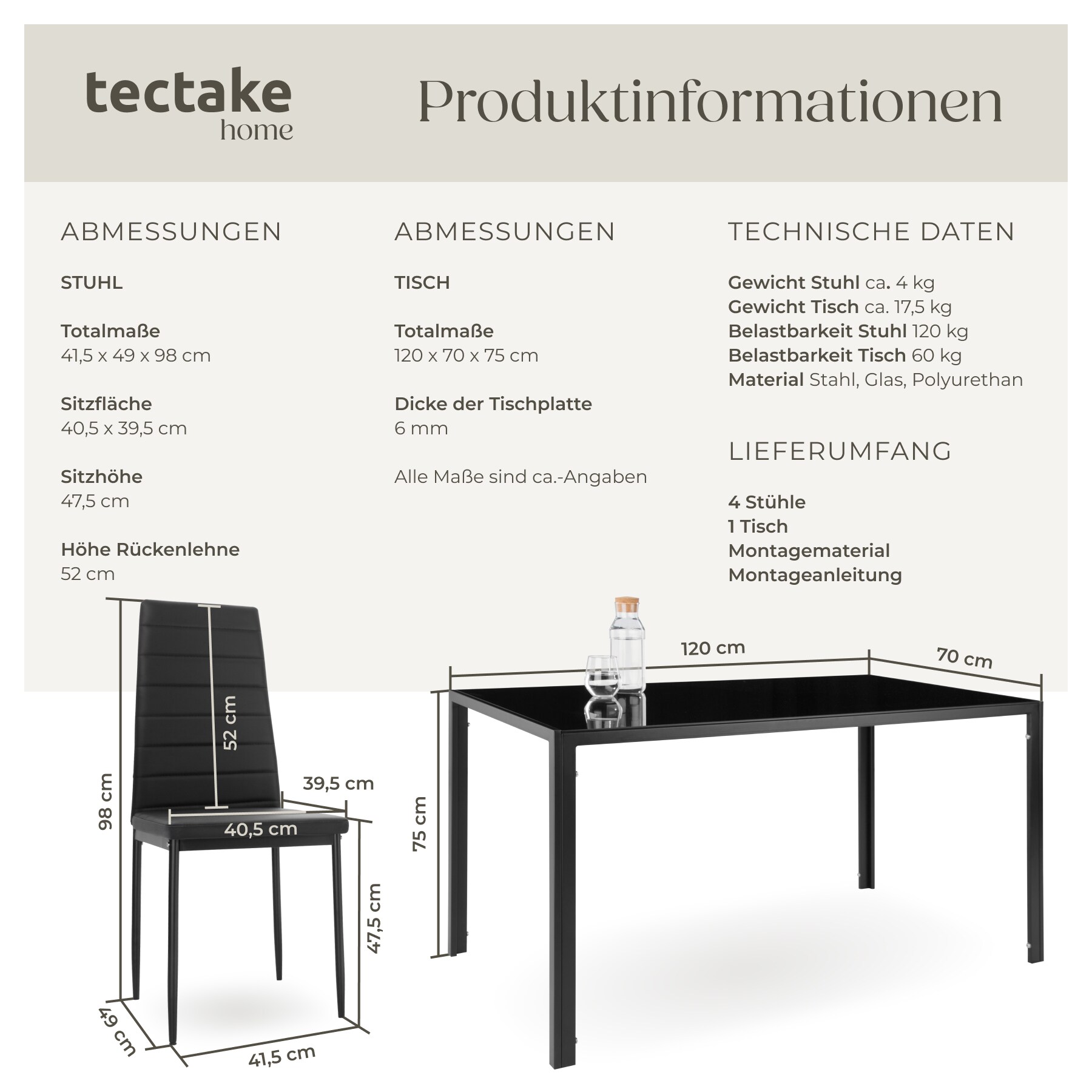 tectake® Esszimmergruppe, 5-teilig, gepolstert mit Kunstlederbezug, bodenschonende Kunststoffkappen