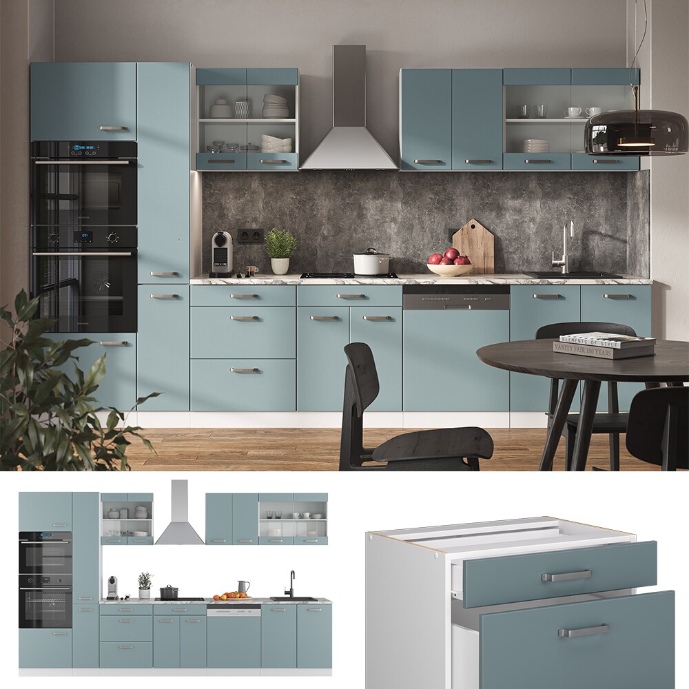 Vicco Küchenzeile R-Line Solid Weiß Blau Grau 350 cm modern Küchenschränke Küchenmöbel