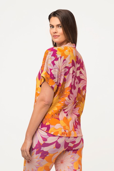 Tunika, Blüten, Oversized, V-Ausschnitt, Halbarm