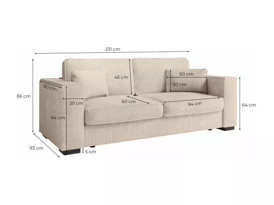 Canapé droit fixe 3 places Belami en velours côtelé - Bleu clair - L231 x P93 x H86cm - Loungitude
