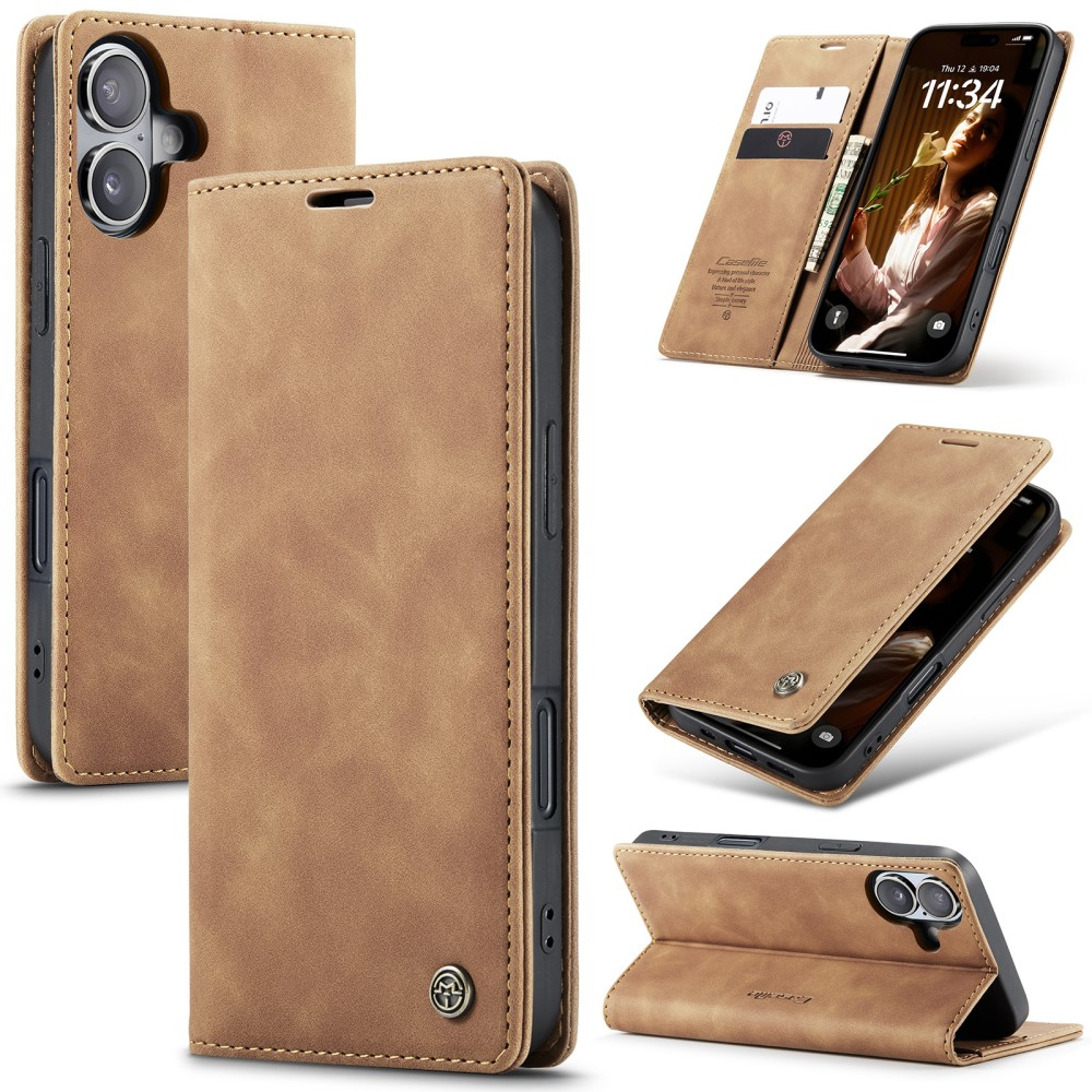 iPhone 16 Leder Tasche Flip Wallet Etui mit Kartenfächern - Hellbraun