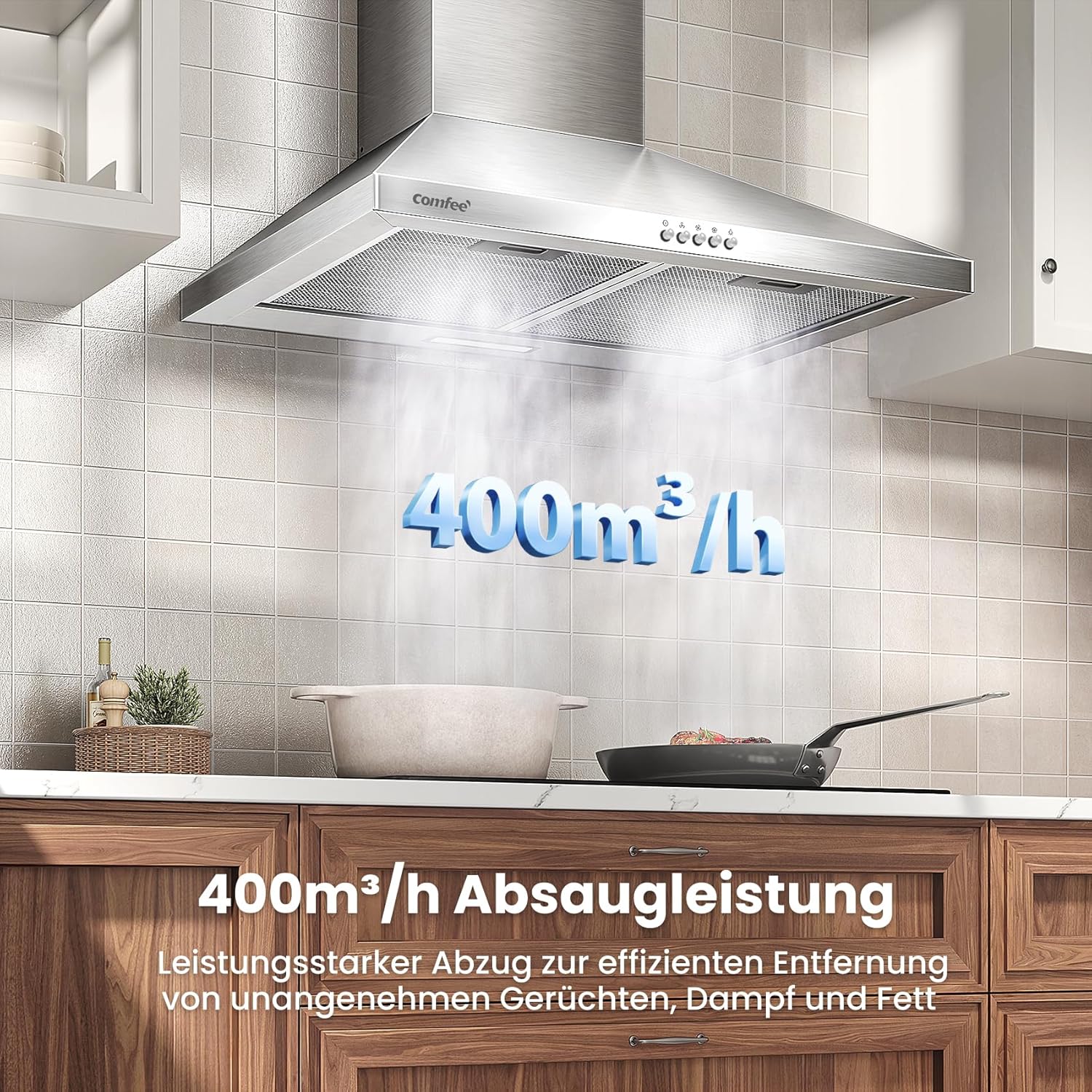 CH60A17EM400SS A++ Dunstabzugshaube 60cm Umluft & Abluft, Wandhaube mit Aktivkohlefilter, 400m³/h Luftstrom, 5 Schichten Waschbarer Fettfilter, Einstellbarer Kamin, Silber