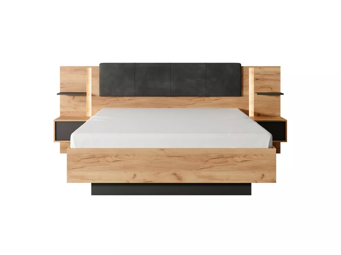 Lit coffre avec chevets 160 x 200 cm - Avec LEDs - Coloris : Naturel et anthracite + Matelas - ELYNIA