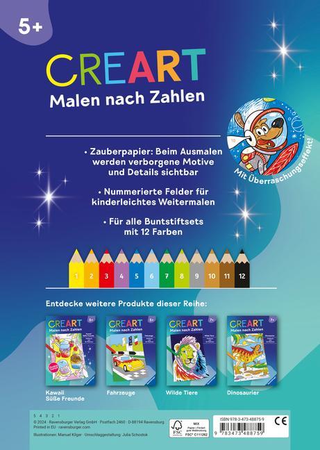 Ravensburger CreArt Malen nach Zahlen ab 5: Weltraum, Malbuch, 24 Motive, Zauberpapier