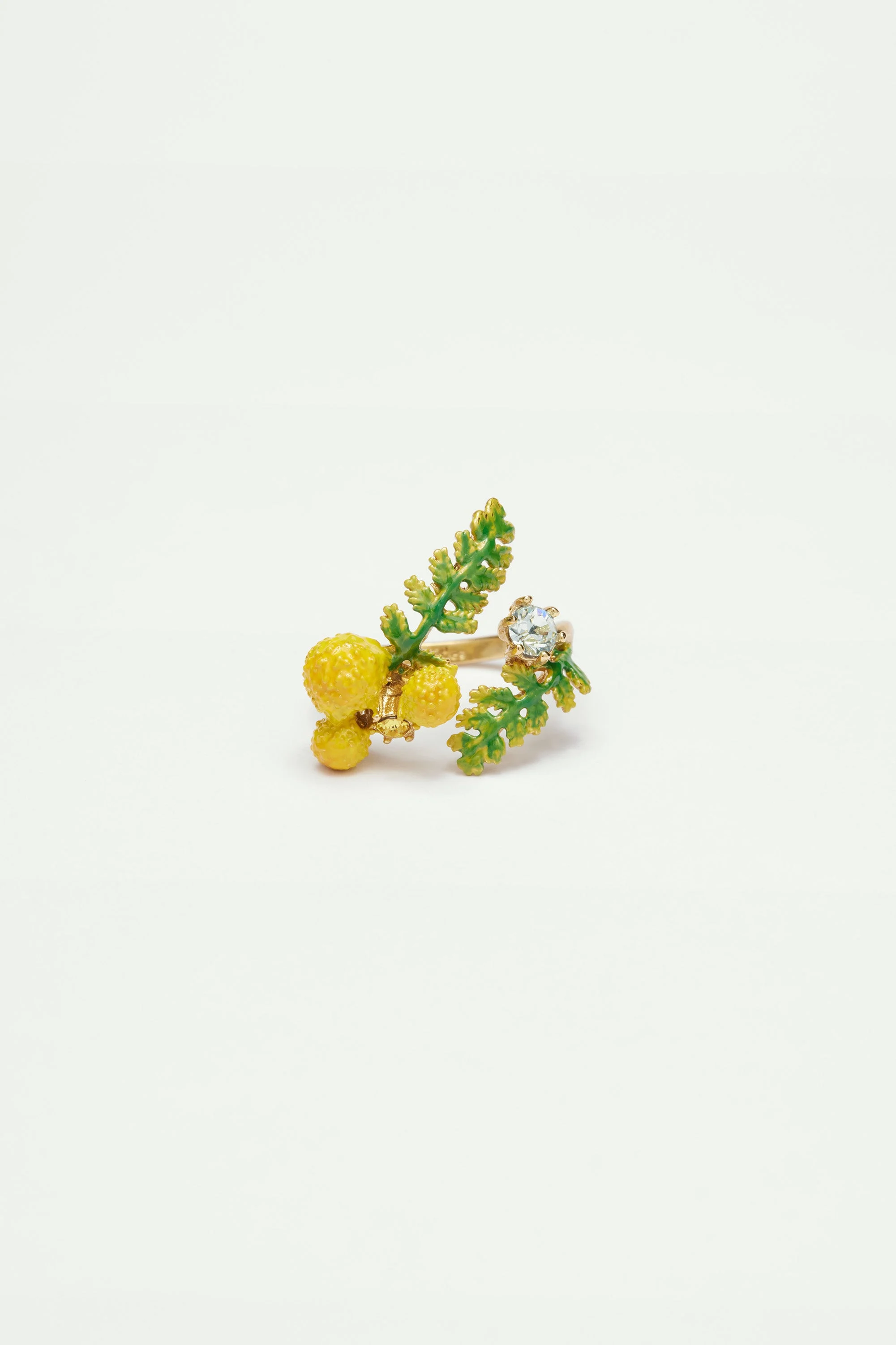 Bague ajustable double fougères et fleurs de mimosa | Jaune