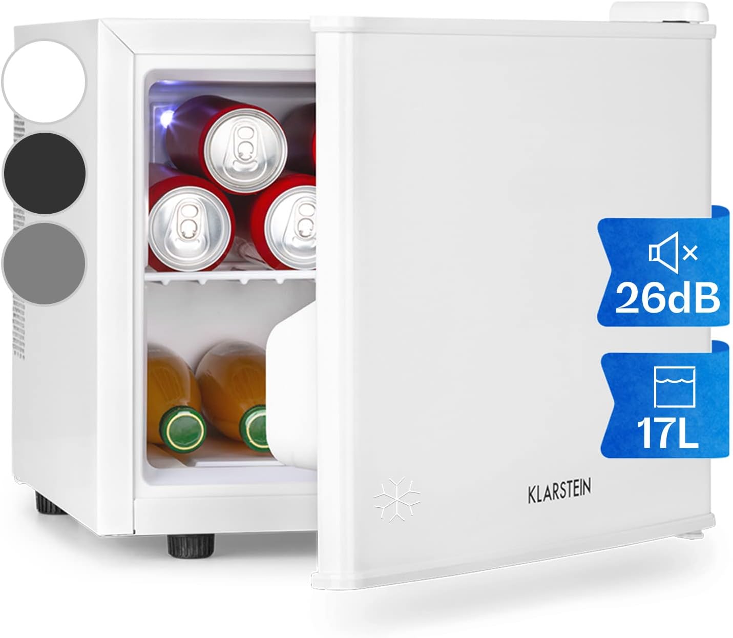 Klarstein Kühlschrank, Mini-Kühlschrank für Getränke, Kühlschrank Klein, Kleiner Kühlschrank Lautlos, Skincare Fridge, 3 Kühlstufen, Camping Kühlschrank, Minikühlschrank für Zimmer, Büro 0-15°C, 17 L