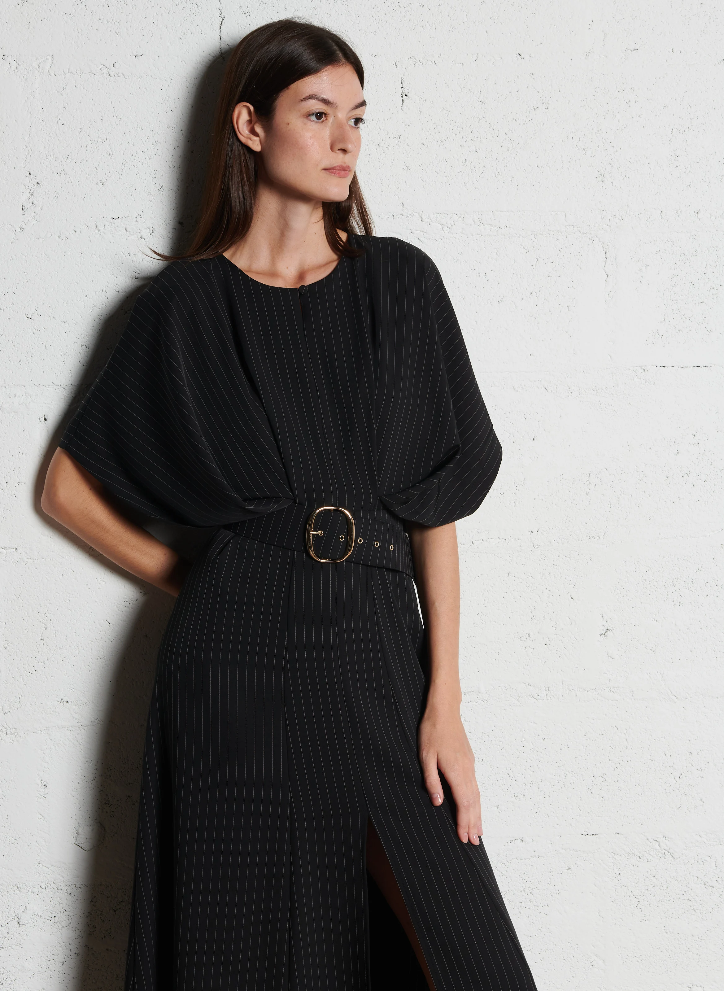 Robe longue droite à col rond| Noir