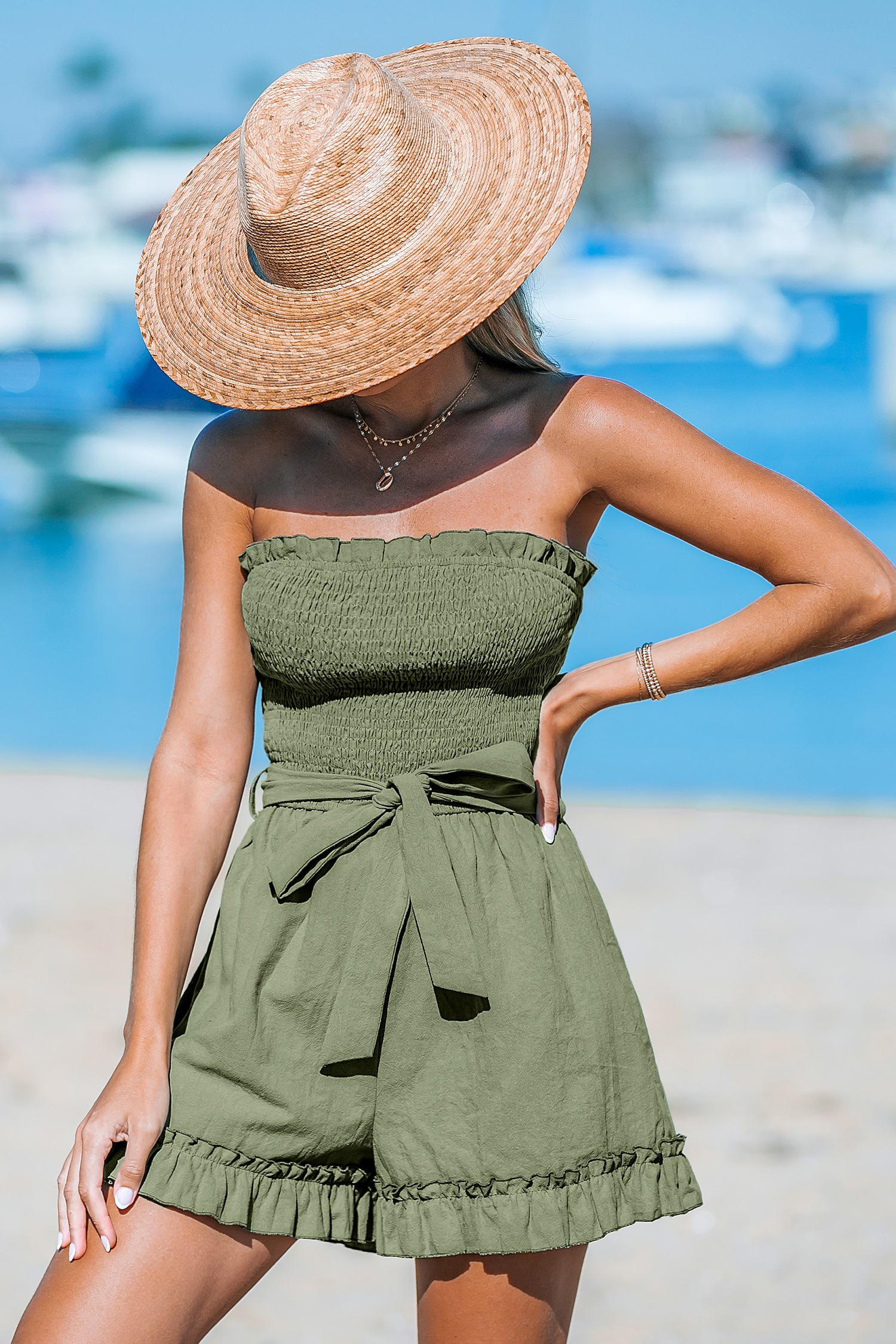 Combishort tube en pur coton avec corsage à smocks et volants