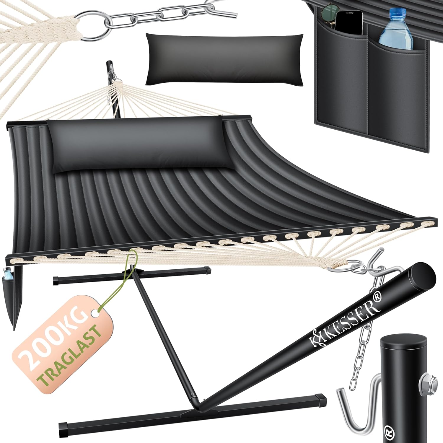 KESSER® Hängematte Hill mit Gestell Kissen Doppelhängematte für 2 Personen-Stabiler Rahmen 200kg Belastbarkeit Indoor & Outdoor XXL Hängesessel Doppel Mehrpersonen Garten Balkon Terrasse, Anthrazit