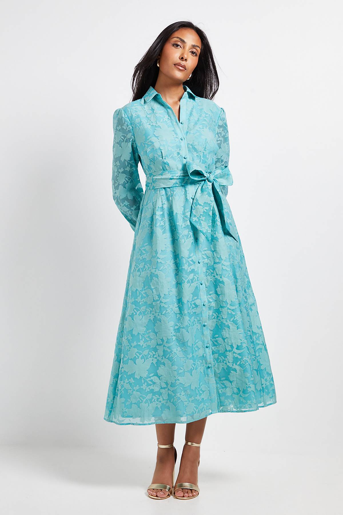 Wallis Robe Midi Ceinturée en Organza Fleuri Petite Taille