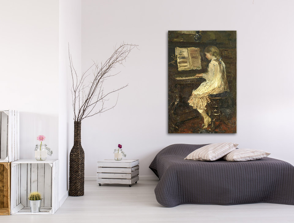 Canvas schilderij Meisje aan de piano 60 x 40 cm