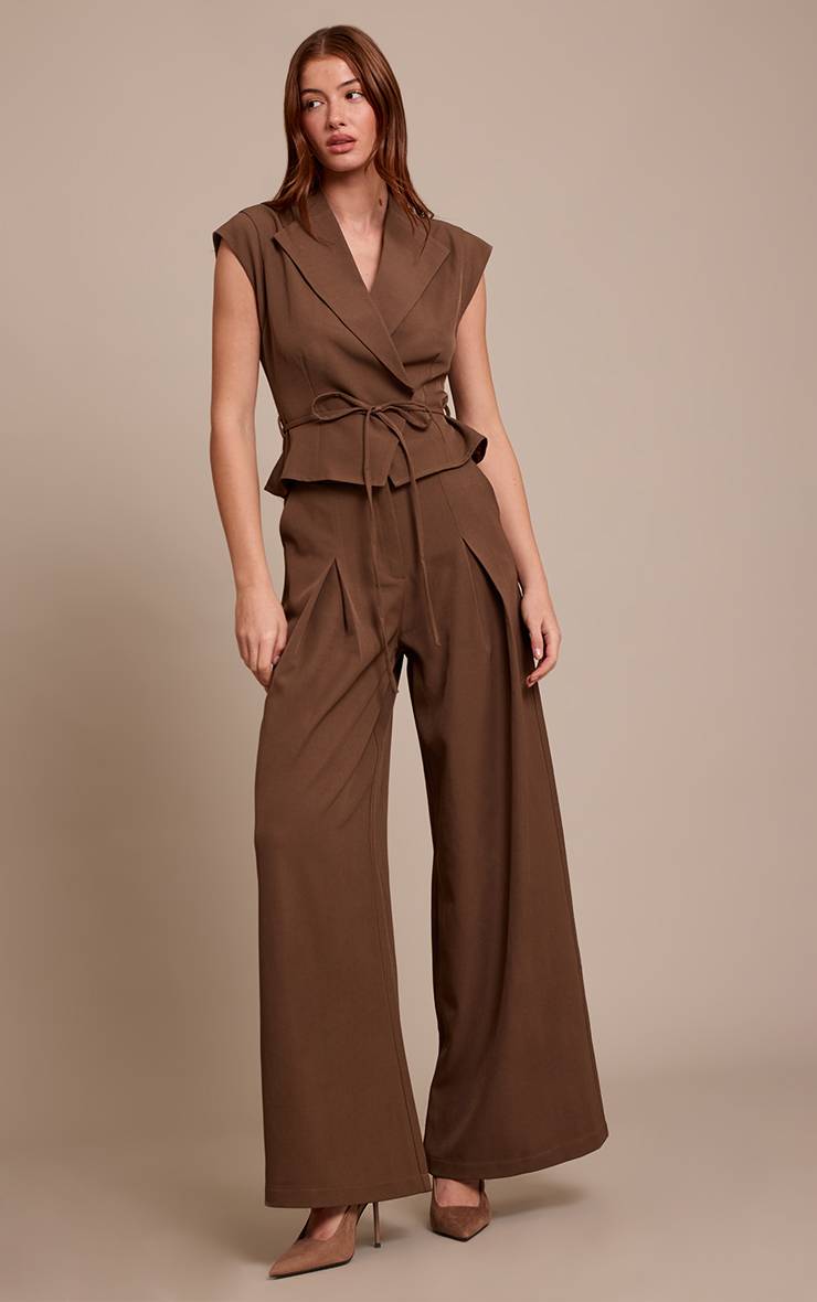 Chocolat Combinaison-pantalon Ample À Taille Nouée En Tissu Tissé Ajusté