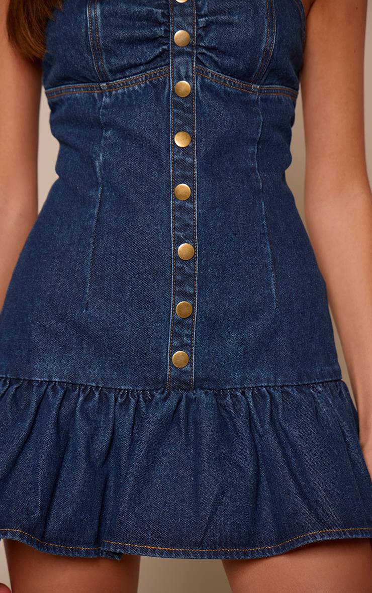 Bleu Indigo Robe Mini En Denim Plissée À Bustier Avec Détail Boutons