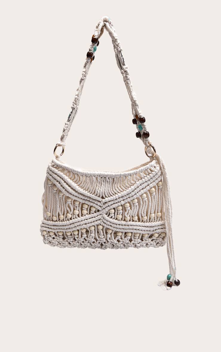 Crème Sac À Bandoulière Avec Garniture De Perles Macramé